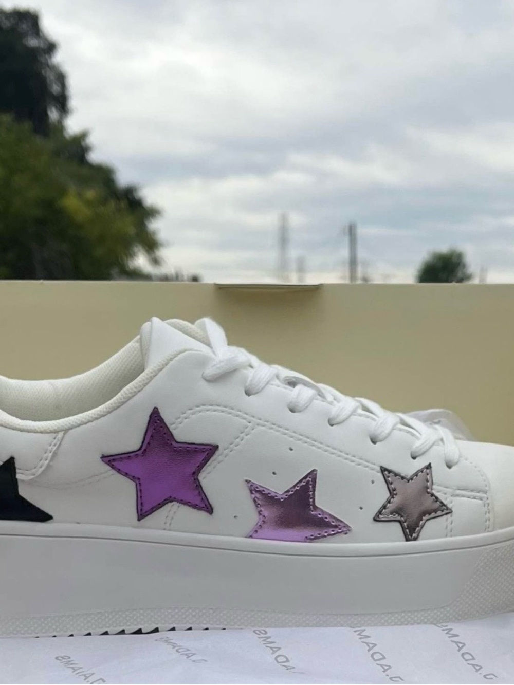 White Platform Women's Sneaker with Purple Metallic Star Accents